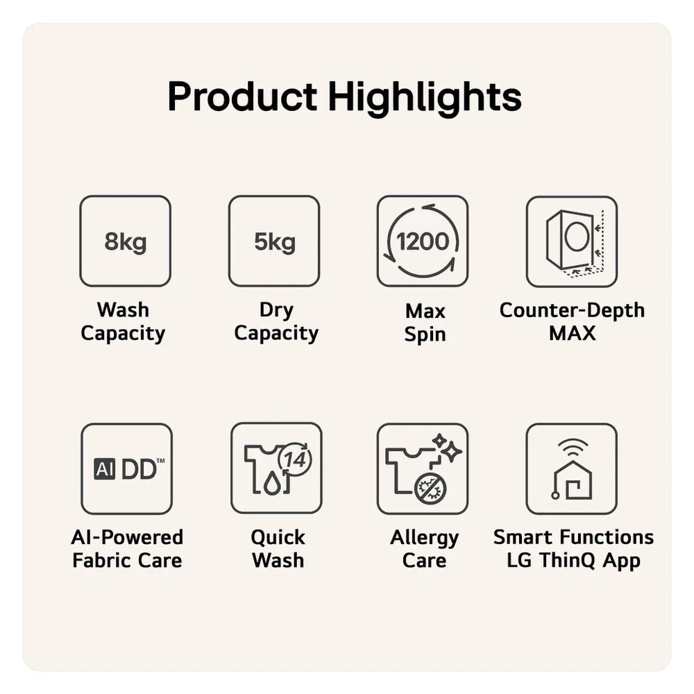 LG Series 3 AI Direct Drive W2X5085TLB 8+5kg 1200 Spin WiFi Connected Washer Dryer - White